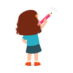 Little girl seen from behind holding a large pink pencil drawing creatively with an imaginative mood