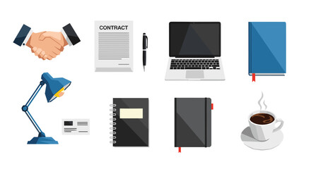 Essential office items set with flat design for modern workspaces