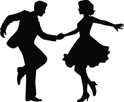 Couple dancing silhouette, retro swing dance partners, vintage social dance movement isolated vector illustration concept