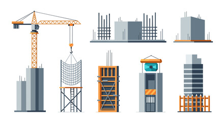 Obraz premium Isometric construction elements: crane, building frameworks, and urban architecture