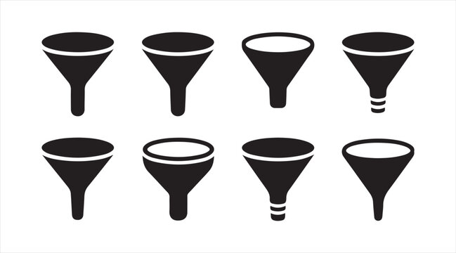 Black funnel icon pack showing simple filtration and process symbols