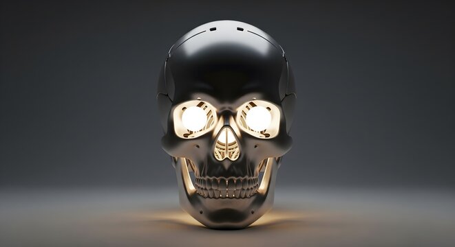 Dark metallic skull with glowing eye sockets, digital rendering