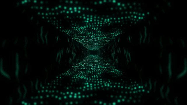 Tunnel of green glowing particles and lighting with a technology network connections abstract background concept.
