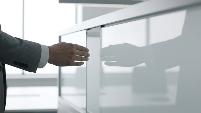 Businessman Handshake Through Glass Panel Office.