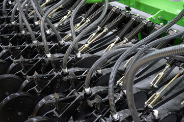 Close-up of agricultural equipment for sowing grain crops.