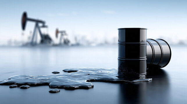 Crude Oil and Barrels: Two black barrels alongside a pool of oil in front of pumpjacks, conveying themes of industry, energy, and environmental impact.