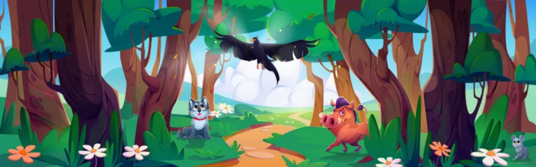 Fotobehang Zoo Cartoon forest landscape with happy wild animals  © Cahya