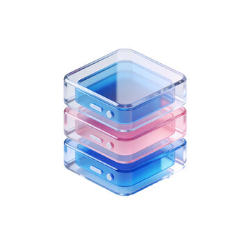 Glossy 3D database stack icon with transparent glass layers and soft blue and pink gradients. Isolated PNG clipart with transparent background. Ideal for cloud storage, data management, servers