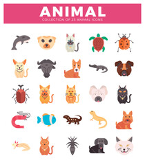 Fototapeta premium Flat animal icon collection with various species on white background.