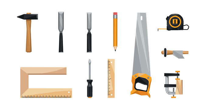 Realistic tools set: hammer, saw, and more in detailed design for workshop enthusiasts