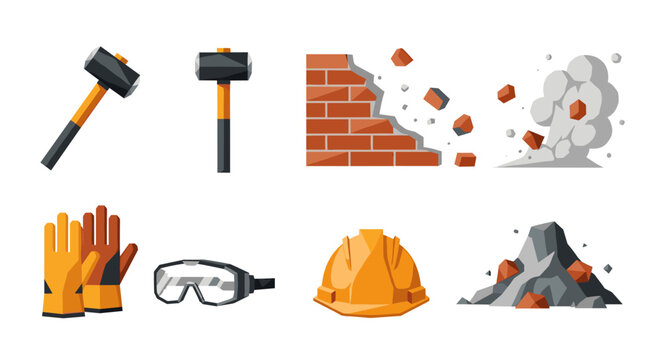 Construction tools and demolition elements in flat design