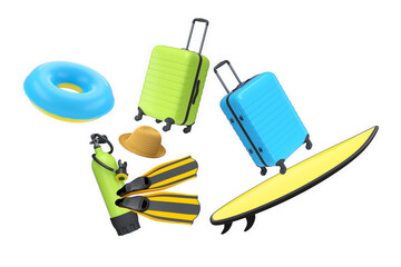 Colorful beach vacation objects including suitcase, fins, inflatable rings, surfboard and diving tank isolated on white background © Vasyl Onyskiv