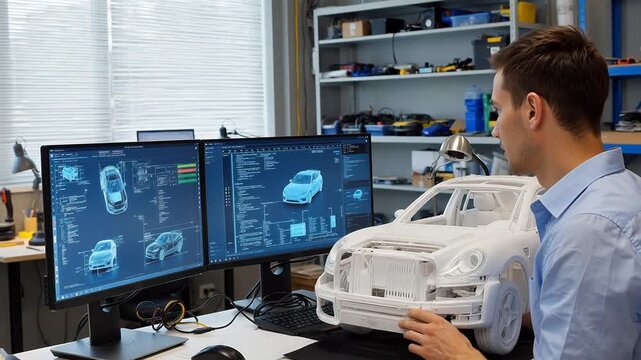 Man working on car model in design studio