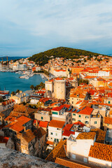 Aerial panoramic view of Split old town and Diocletian's Palace from the Saint Domnius Cathedral...