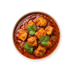 Fototapeta premium White bowl filled with rich red chicken curry garnished with fresh cilantro leaves isolated on a transparent background