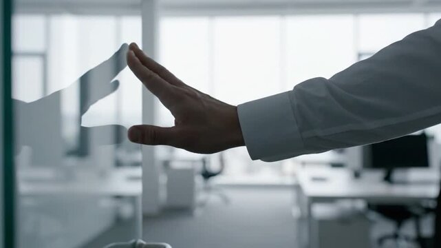 Businessman Touching Virtual Screen in Office.
