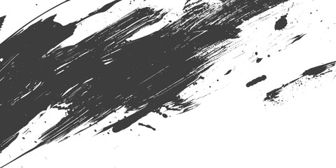 Obraz premium Black grunge ink brush stroke with splatter vector droplets on a white background, abstract paint smear, rough artistic texture, minimalist monochrome design. 