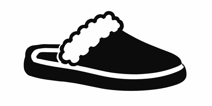 Black silhouette of a cozy mule slipper with fluffy lining and open back. Home footwear icon for comfort, winter relaxation, indoor lifestyle, retail sleepwear and hygge concept.