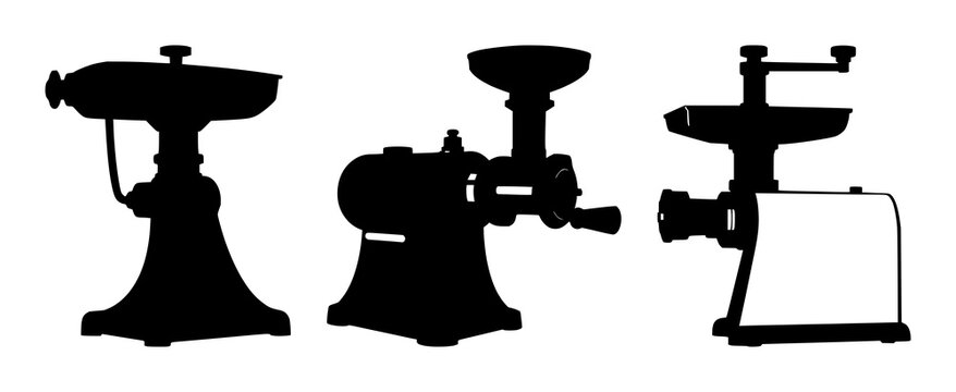 Meat grinder set with solid black silhouette of an industrial meat grinder featuring manual tool, vintage, solid fill with white background and black art