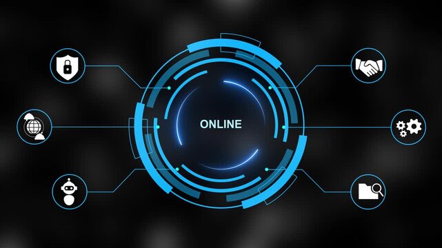 Online connectivity concept visualized with a luminous circular interface displaying the word ONLINE surrounded by business and data on a dark abstract background with network