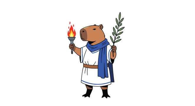 Cartoon capybara dressed in ancient Greek toga and blue scarf holding a flaming torch and an olive branch of peace.