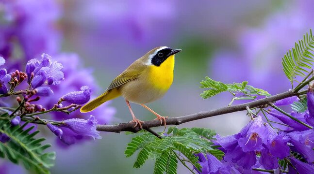 Static closeup shot of small yellow throat bird hopping and turning on flowering branch among purple jacaranda blossoms in garden