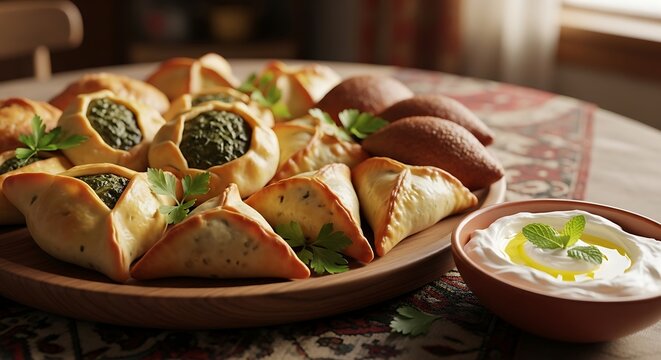 assortment of savory middle eastern pastries including fatayer and kibbeh on a wooden plate with a labneh dip for dining.
