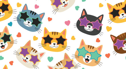 Obraz premium Fun seamless pattern of various cat heads wearing colorful star shaped sunglasses and surrounded by small hearts.