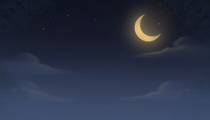 Naklejka premium Crescent Moon Night Sky with Clouds, tranquil night atmosphere