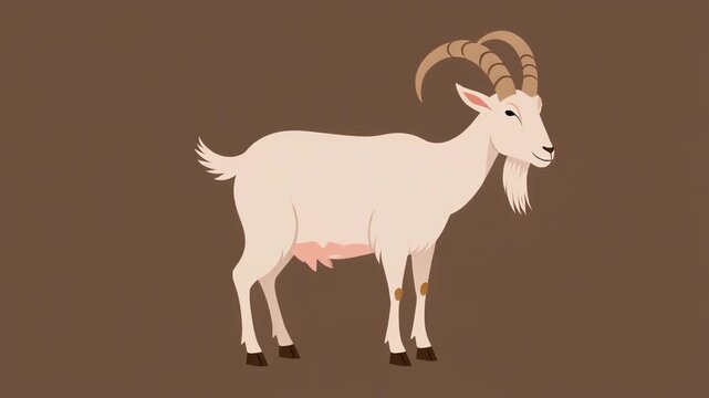 White goat with curved horns standing on brown background.