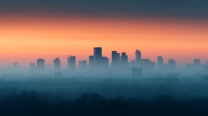 Obraz premium A city skyline silhouetted against a vibrant sunset with mist or fog settling over the buildings and surrounding landscape.