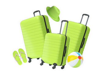 Naklejka premium Set of suitcase with sunglasses, beach balls, camera, hat, and flip-flops isolated on white background, travel concept