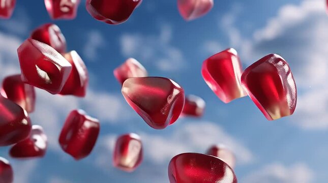 Slow motion closeup of pomegranate arils tumbling and rotating against cloudy blue sky background