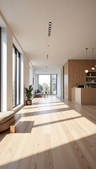 Obraz premium Modern interior design in bright open space with wooden flooring and large windows allowing natural light. Living area features minimalistic furniture and green plants enhancing tranquility.