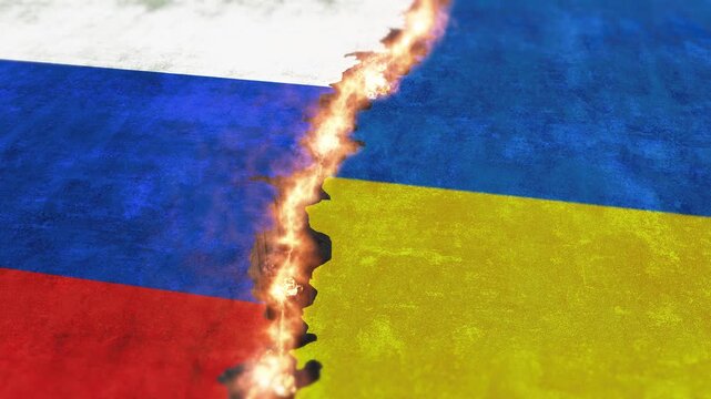 Video animation of the flags of Russia and the Ukraine. Break between state symbols. Fire and explosions. Concept of political conflict with the Ukraine. Severance of relations with Ukraine. 