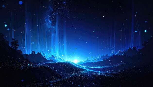 A digital art scene features glowing blue lights and particles over a mountainous landscape with a bright central light source