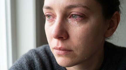 Adult female looking sad near window in natural light
