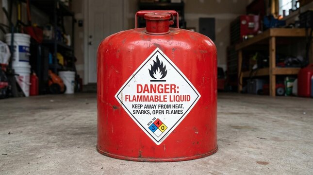 Red flammable liquid container with hazard warning label in an industrial workshop, dramatic low angle view, gritty floor texture, safety symbol, realistic lighting, detailed industrial photography.