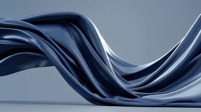 Flowing blue fabric gracefully drapes, creating soft, dynamic curves. The silk material reflects light, showcasing intricate folds against a muted background