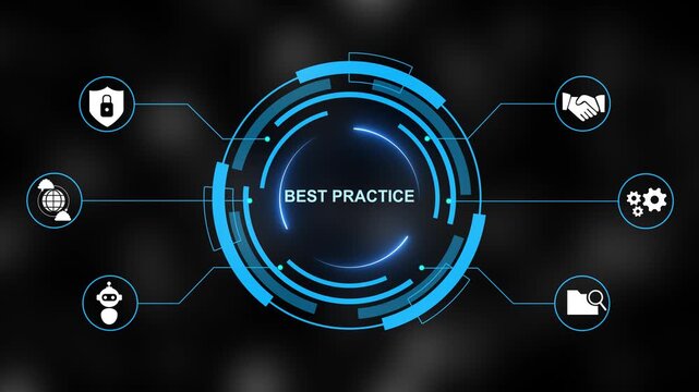 Digital circular interface with BESTPRACTICE text in the center, surrounded by business and gear against a dark blue network-themed background