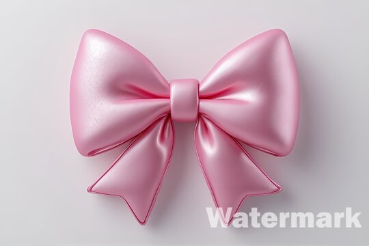 A puffy, glossy pink bow with a slightly iridescent sheen is centered on a clean white background. The bow has distinct loops and tails, giving it a three-dimensional appearance, and a "Watermark" 