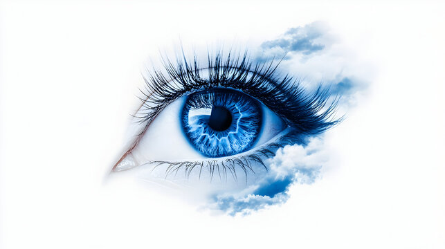 Stunning blue eye with clouds reflecting dreamy sky