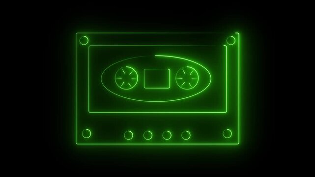 Neon glowing cassette stereo retro music player, audio tape, vintage sound, audio equipment, music entertainment. Green color icon.