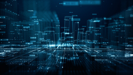 Abstract smart city concept with glowing digital buildings, data streams, and financial analytics overlay. Represents big data, artificial intelligence, IoT connectivity, 3d Rendering