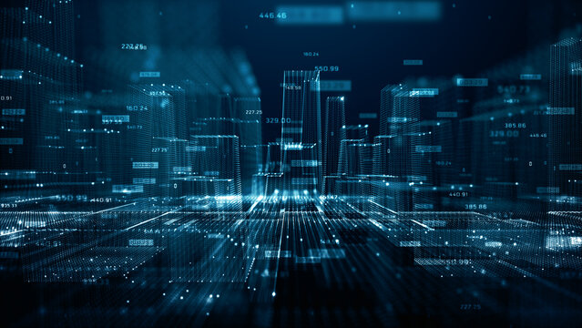 Abstract smart city concept with glowing digital buildings, data streams, and financial analytics overlay. Represents big data, artificial intelligence, IoT connectivity, 3d Rendering