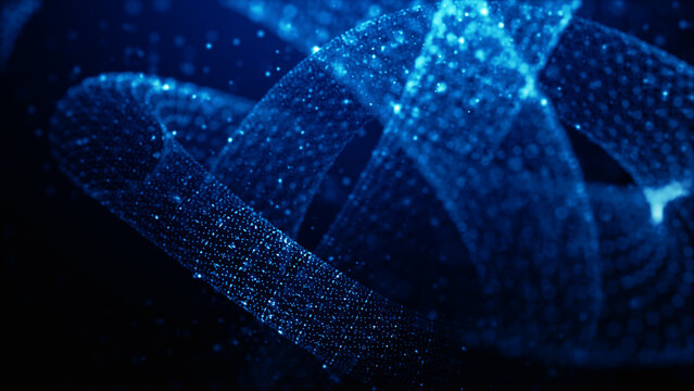 Abstract blue particle wave forming a twisting digital structure. Futuristic technology background symbolizing artificial intelligence, big data flow, quantum computing, 3d Rendering
