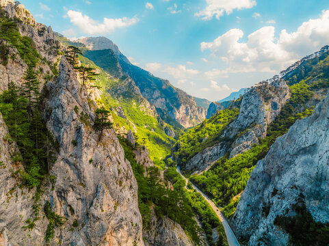  View of Sutjeska road in Bosnia and Hercegovina. Canon in Sutjeska  national park with towering rocks.