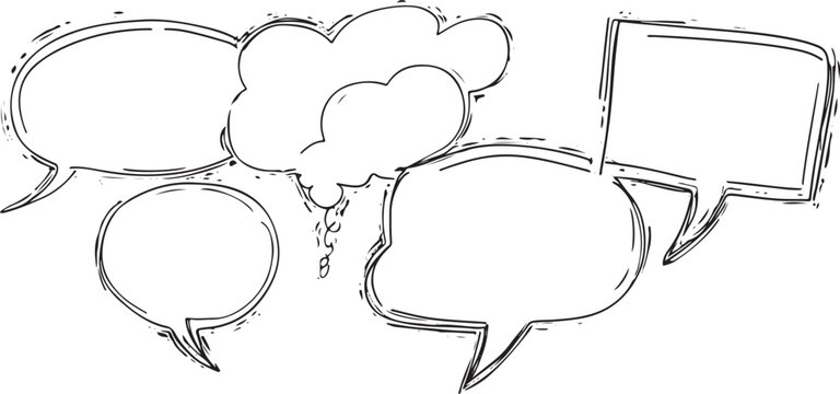Hand drawn speech bubbles and thought clouds black and white