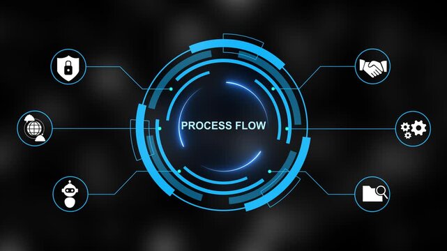 Futuristic circular infographic diagram representing process flow with glowing for business operations and management on a dark blue digital backdrop