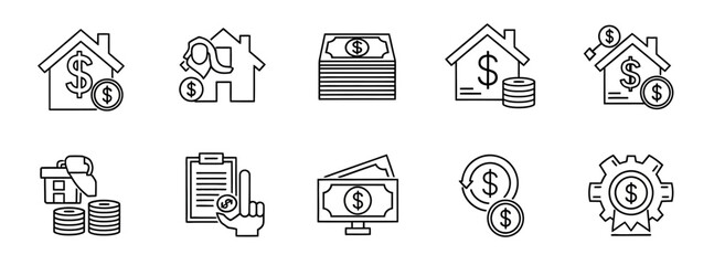 Fototapeta premium Real estate finance line icon set featuring house mortgage and money symbols symbolizing property investment and banking in flat vector style